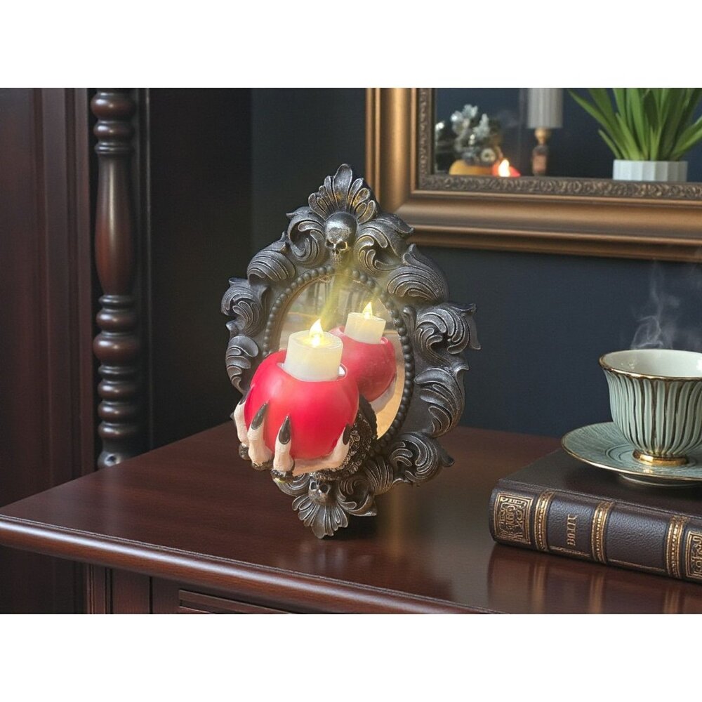 New Halloween Spooky Night LED Lighted Candle Mirror Witch Hand W/ Poison Apple